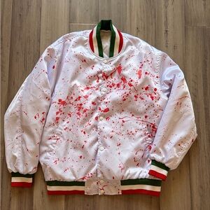 Avirex White Bomber Jacket with Red Paint Splatter and Green-Red Trim